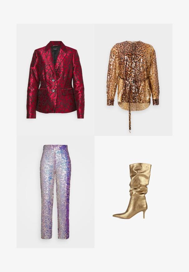 Roter Blazer aus Satin mit einem strukturierten floralen Design, ausgestattet mit einem Reverskragen, zwei Knöpfen und Seitentaschen. Schwarze Innenausstattung.; Rabanne Bluse - hairy/brown/black; VACLAV IRRIDESCENT SEQUIN PANTS - Stoffhose - purple; LOLA CASADEMUNT Stiefel - gold