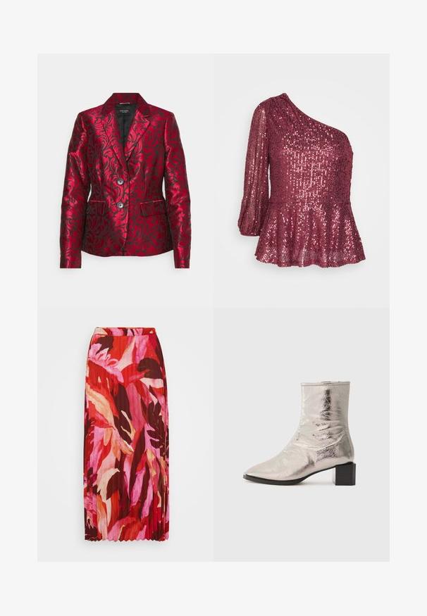 Rød mønstret blazer lavet af satin med en struktureret blomsterdesign, der har en krave med notch, to knapper og sidelommer. Sort foring.; JDY JDYCARMEN ONE SHOULDER GLITTER - Top - apple butter; Plisseret maxinederdragt med et livligt blomstermotiv i nuancer af rød, pink og creme; lavet af letvægtsstof med elastisk talje.; Metallisk sølv ankelstøvle med spids tå og blokhæl. Glat tekstur, strømlinet design og minimalistiske syninger.