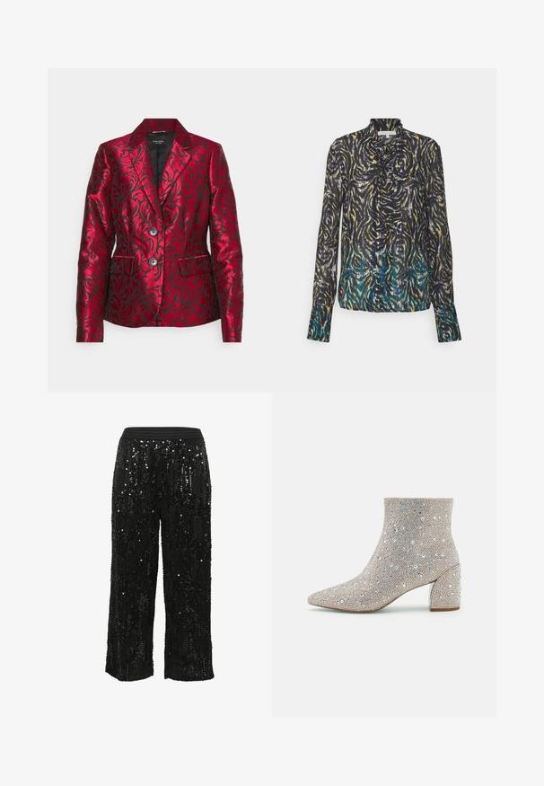 Blazer rouge à motifs fabriqué en satin avec un design floral texturé, doté d'un col à revers, de deux boutons et de poches latérales. Doublure noire.; Patrizia Pepe CAMICIA - Chemisier - dark multicolor; Pantalons larges en sequins noirs avec une apparence texturée, dotés d'une taille élastique noire et d'accents scintillants sur toute la surface.; Blue by Betsey Johnson Bottines - silver-coloured