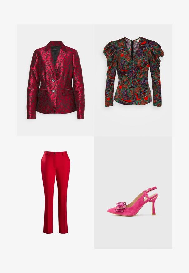 Roter Blazer aus Satin mit einem strukturierten floralen Design, ausgestattet mit einem Reverskragen, zwei Knöpfen und Seitentaschen. Schwarze Innenausstattung.; Veronica Beard SIMMONS - Bluse - flame red multi; Rote, maßgeschneiderte Hose mit geradem Schnitt. Verfügt über einen vorderen Reißverschluss, einen Knopfverschluss und eine glatte Stoffstruktur. Keine sichtbaren Muster oder Akzente.; Rosa Wildleder-Slingback-Schuh mit hohem Absatz, spitzer Spitze und vorne mit einer großen, perlenverzierten Schleife geschmückt.