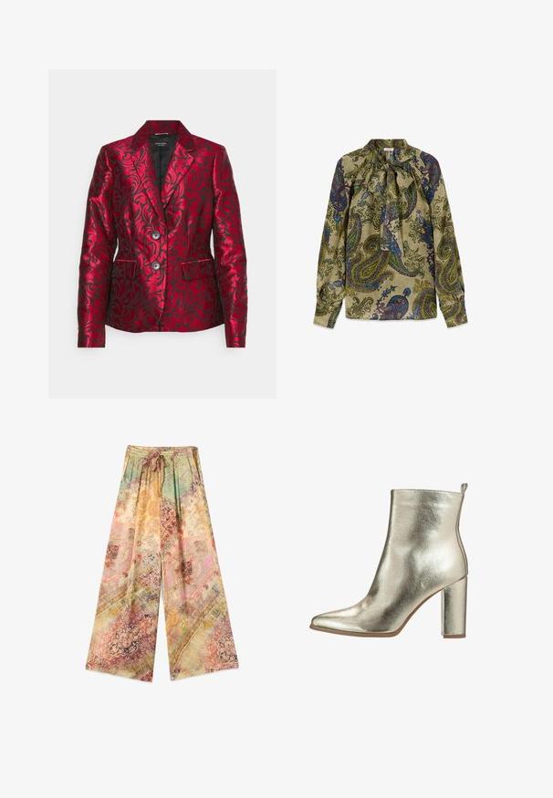 Rød mønstret blazer lavet af satin med en struktureret blomsterdesign, der har en krave med notch, to knapper og sidelommer. Sort foring.; Langærmet bluse med grøn bund og flerfarvet paisley-mønster, med høj hals, der er bundet med en sløjfe foran.; Vidde bukser med elastisk talje og snøre, med flerfarvet vintage blomster- og geometrisk patchworkmønster.; Metallic guld ankelstøvle med spids tå, glat tekstur og en chunky høj hæl. Har en løkke bagpå for nem påtagning.