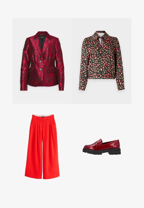 Blazer rojo con patrón de satén y diseño floral texturizado, con solapas de pico, dos botones y bolsillos laterales. Forro negro.; Blusa negra con un patrón floral de fresas rojas y hojas verdes, con un collar y una abertura en forma de llave en el escote.; Pantalones rojos de talle alto y pierna ancha con trabillas para cinturón, pliegues frontales, bolsillos laterales y cierre frontal oculto.; Mocasín de charol rojo con una suela baja y chunky negra que presenta un patrón de agarre texturizado y una correa decorativa sobre el empeine.