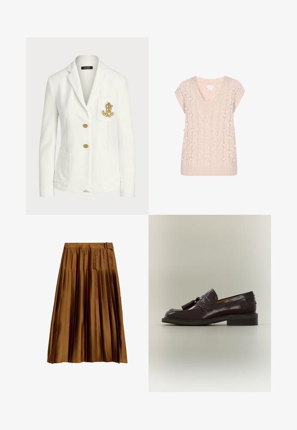 Hvid skræddersyet blazer med gyldne knapper og broderet gyldent logo på brystlommen, med notched revers og to forlommer.; Strikvest i lys beige med V-hals og korte ærmer. Har et kabelstrik mønster og pompon-detaljer på siderne.; Brun satin plisseret midi-nederdel med en høj talje og suedetailer, vist fladt på en hvid baggrund.; Mørkebrun læderloafer med frynser, lav hæl og synet sål, vist fra siden på en neutral baggrund.