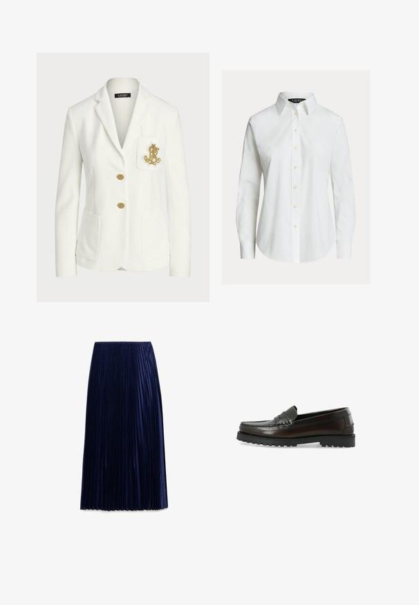 Witte blazer van textuurstof met een getailleerde pasvorm, voorzien van gouden knopen en een decoratief gouden geborduurd logo op de zak.; Witte overhemd met lange mouwen, knopen aan de voorkant, puntige kraag en licht gebogen zoom.; Navy geplooide midi-jurk gemaakt van lichte stof met een zachte textuur, voorzien van gelijkmatig verdeelde verticale plooien en een elastische tailleband.; Donkerbruine leren loafer met zwarte rubberen profielzool en penny-band detail, zijaanzicht op een witte achtergrond.