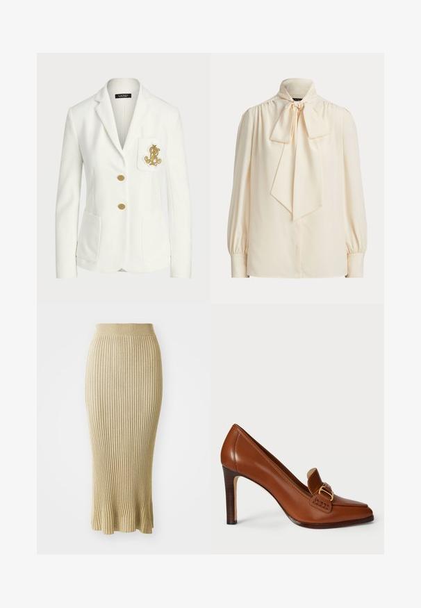 Blazer blanco entallado con botones dorados y logo dorado bordado en el bolsillo del pecho, con solapa entallada y dos bolsillos delanteros.; Blusa de manga larga de color crema con cuello alto y gran lazo atado en el cuello, con hombros fruncidos y puños con botones.; Falda lápiz de punto en beige claro, con acanalado vertical, cintura ajustada y dobladillo acampanado con acabados sutiles en la parte inferior.; Zapato de tacón alto de cuero marrón con punta afilada, que presenta una correa decorativa y herrajes en tono dorado a lo largo del empeine. Textura suave.