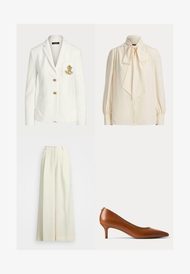 Hvid skræddersyet blazer med gyldne knapper og broderet gyldent logo på brystlommen, med notched revers og to forlommer.; Langærmet bluse i cremefarve med høj krave og stor bundet sløjfe ved halsen, med rynkede skuldre og knapmanchetter.; Bredde benbukser i off-white stof, med høj talje, dobbelte plisseringer og knaplukning. Glat tekstur og skræddersyet design.; Brun læder pump med lav hæl og spids tå vist fra siden på en ensartet lys baggrund.