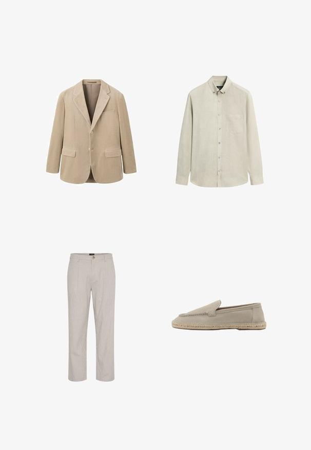 Beige fløjlsblazer med hakrevers, to forlommer og lukning med én knap. Har lodret ribbet tekstur.; Beige langærmet skjorte med knapper, forlommer og knaplukning ved kraven på hvid baggrund.; Lys grå stribede bukser, lige pasform, med en enkelt knaplukning i taljen og to frontlommer. Glat tekstur.; Beige ruskind slip-on loafer med vævet jute sål, syningsdetaljer langs overkanter, flad hæl og rundet tå.
