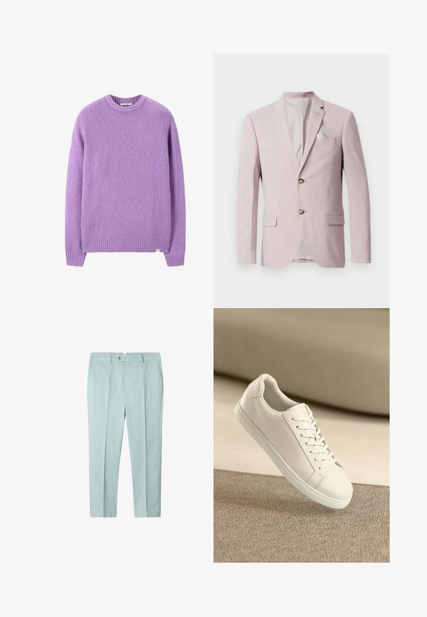Lichtroze blazer gemaakt van gladde stof, met twee gouden knopen, een enkele borstzak met een witte pochette, en gestructureerde revers.; Paars gebreid truitje met een ronde halslijn, geribbelde boorden en onderrand, voorzien van een textuurstof en een klein label linksonder.; Lichtblauwe katoenen broeken met een recht, stijlvol ontwerp, voorplooien en een enkele knoopsluiting aan de tailleband. Platte zakken aan de zijkanten.; Witte leren sneaker met witte veters, weergegeven op een beige textuurovervlak en een zacht vervaagd achtergrond.