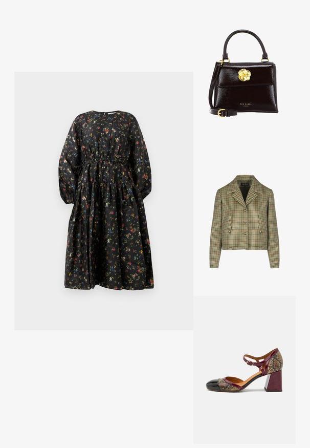 Rutet cropped jakke i grøn, creme og rød med næbbekrave, dobbeltknaplukning og to frontlommer.; Sort blomsterkjole med lange ærmer, indsnævret talje og lagdelt nederdel. Har et farverigt blomsterprint og en glat stoftekstur.; Hæle sko med tå i sort laklæder, burgunder rem og tekstiloverdel i slangeskindsdesign; har en kraftig blokhæl.; Sort laklæderhåndtaske med struktureret design, der har et buet håndtag, aftagelig rem og en guldfarvet blomsterlåsdetalje.