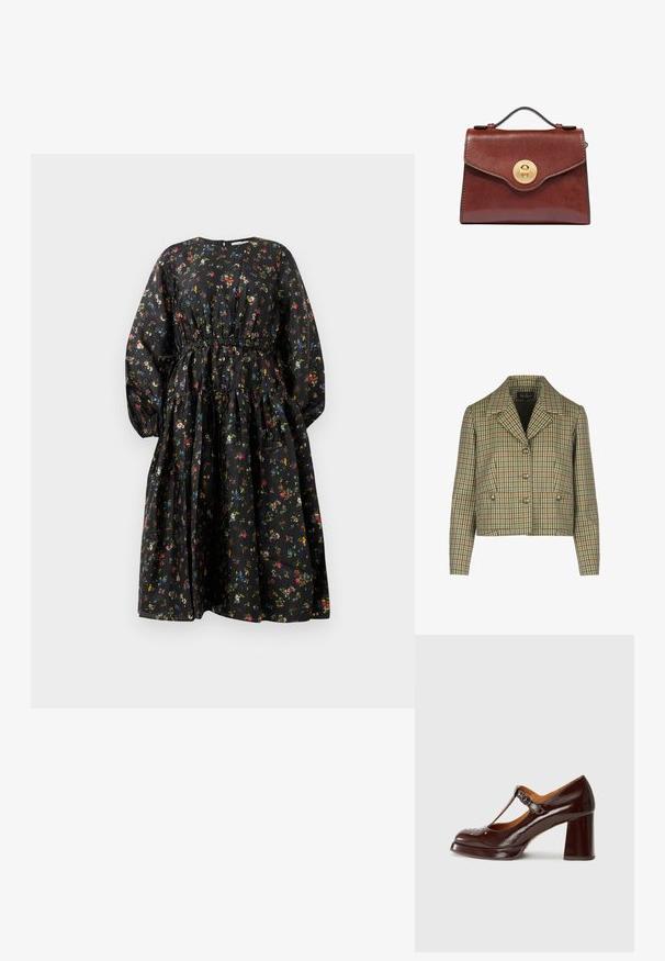 Chaqueta corta de cuadros en verde, crema y rojo, con cuello con muescas, cierre de botones dobles y dos bolsillos frontales.; Vestido negro con estampado floral, mangas largas, cintura fruncida y falda de volantes. Presenta un patrón floral colorido y una textura de tela suave.; Chie Mihara KAYLA - Tacones - sucre choco/kimera leche; Bolso de cuero marrón con asa superior y cierre giratorio redondo de oro en la solapa frontal, sobre un fondo blanco.