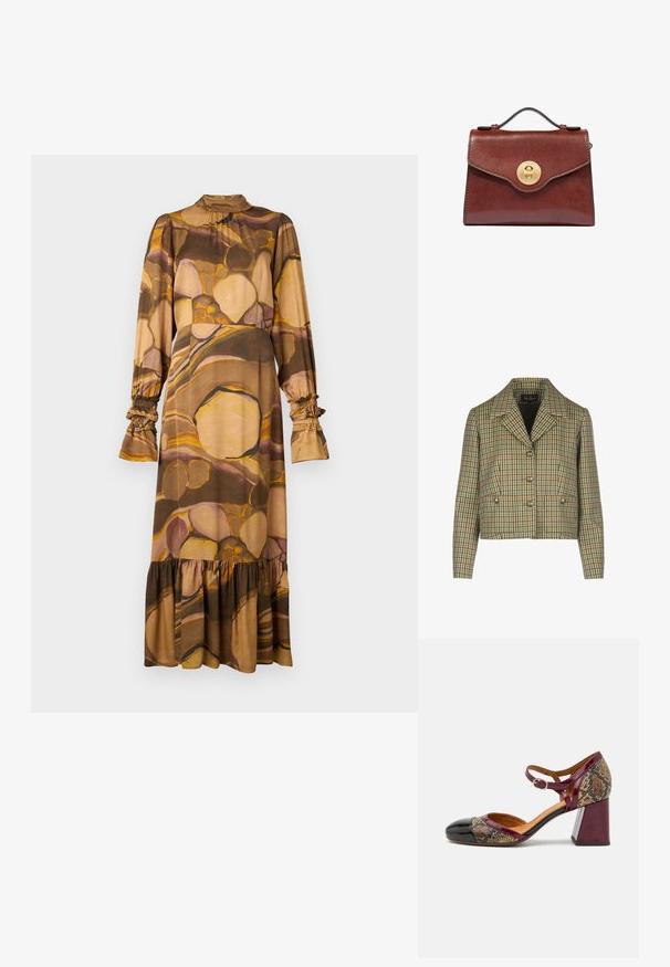 Geruite cropped jas in groen, crème en rood met notch-kraag, dubbele knoopsluiting en twee zijzakken.; Langarm jurk van zachte, gemengde materialen, met een bruin en beige abstract patroon, hoge kraag, gerimpelde manchetten en een gerimpelde zoom.; Hakken schoenen met een zwarte lakleren neus, bordeauxrode band en een slangenpatroon textiel bovenkant; voorzien van een chunky blokhak.; Bruine leren handtas met handvat aan de bovenkant en ronde gouden draaisluiting op de voorflap, afgebeeld tegen een witte achtergrond.