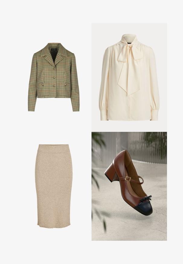 Chaqueta corta de cuadros en verde, crema y rojo, con cuello con muescas, cierre de botones dobles y dos bolsillos frontales.; Blusa cremosa de manga larga con cuello alto y un gran lazo atado en el cuello, con hombros fruncidos y mangas con puños.; Falda de punto en color beige claro con textura de canalé vertical, de longitud a la rodilla, con cintura elástica y corte recto.; Tacón Mary Jane de cuero marrón con puntera negra, lazo negro, correa con hebilla dorada y tacón de bloque sobre suelo texturizado claro.