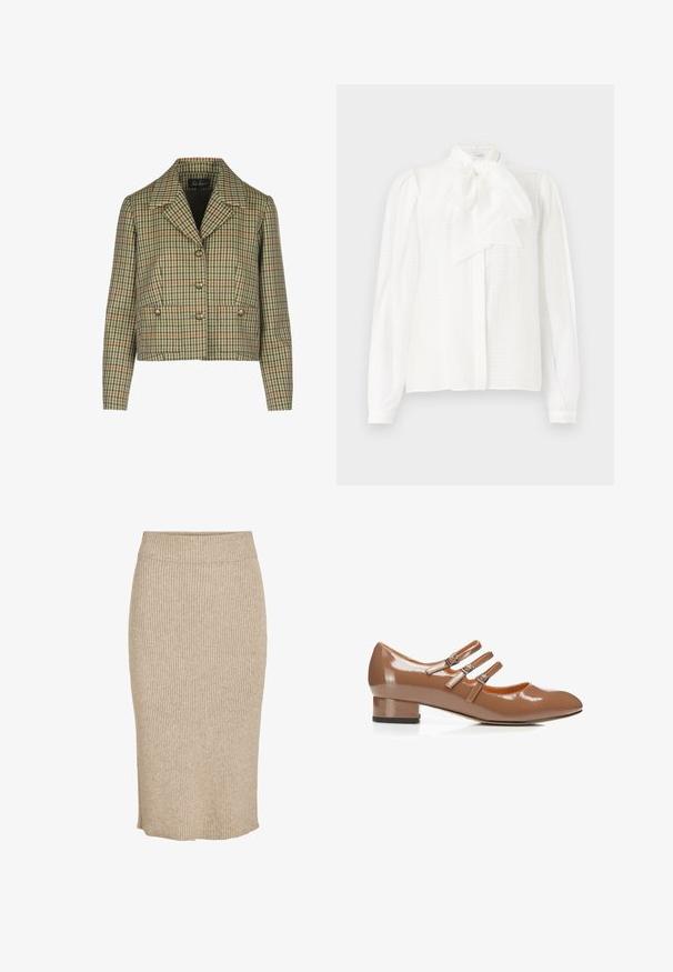 Chaqueta corta de cuadros en verde, crema y rojo, con cuello con muescas, cierre de botones dobles y dos bolsillos frontales.; Blusa blanca con un cuello alto, detalle de lazo, mangas largas con puños abotonados y una tela texturizada a rayas.; Falda de punto en color beige claro con textura de canalé vertical, de longitud a la rodilla, con cintura elástica y corte recto.; Zapato Mary Jane de charol marrón con tres correas ajustables con hebilla y un tacón bajo de bloque.
