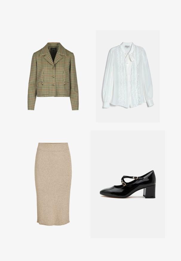 Chaqueta corta de cuadros en verde, crema y rojo, con cuello con muescas, cierre de botones dobles y dos bolsillos frontales.; Blusa blanca de manga larga con volantes verticales, cierre de botones en la parte delantera, mangas con puños y un lazo atado en el cuello.; Falda de punto en color beige claro con textura de canalé vertical, de longitud a la rodilla, con cintura elástica y corte recto.; Zapato Mary Jane de charol negro con punta afilada, dos tiras ajustables con hebilla y tacón grueso de altura media, mostrado de perfil.