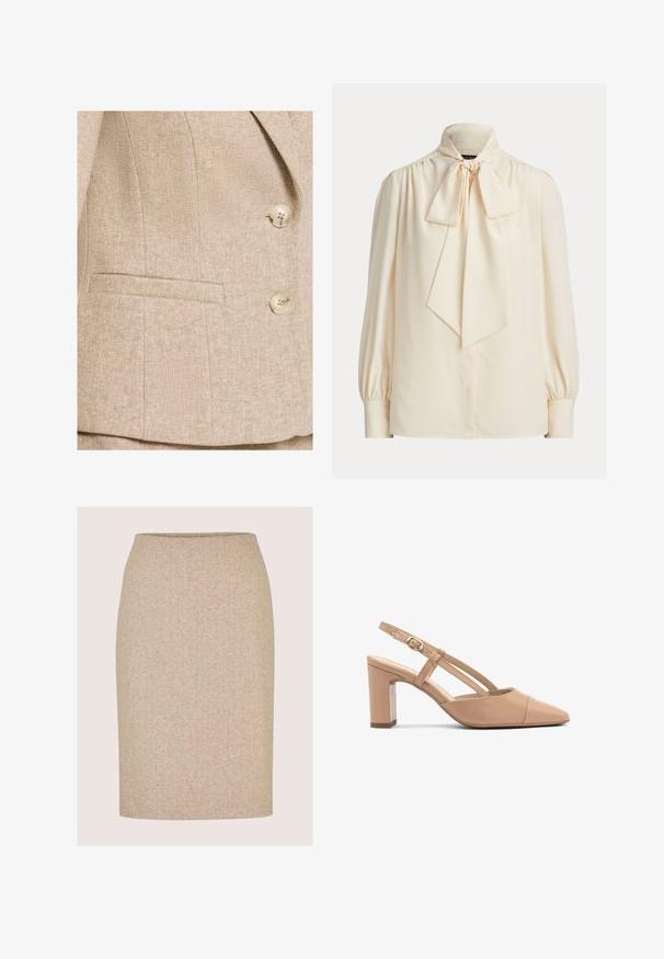 Beige tweedblazer met een subtiel visgraatmotief, twee crèmekleurige knopen en een horizontale paspelzak aan de voorkant.; Crèmekleurige blouse met lange mouwen, een hoge kraag en een grote gestrikte strik bij de hals, met geplooide schouders en omslagmouwen.; Beige kokerrok tot op de knie met een subtiel visgraatpatroon en zonder zichtbare naden of versieringen.; Beige leren slingback hakken met een spitse neus, blokhak en riem met een kleine gouden gesp. Gladde textuur, minimalistisch ontwerp.