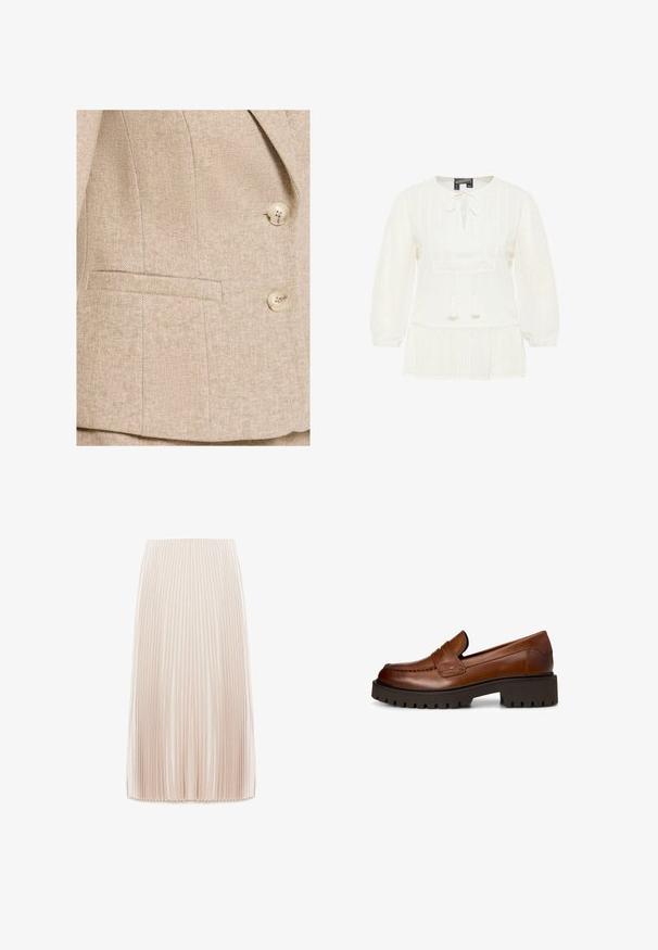 Beige tweedblazer met een subtiel visgraatmotief, twee crèmekleurige knopen en een horizontale paspelzak aan de voorkant.; Witte blouse met lange mouwen, een strikdetail aan de voorkant, een 'textured' stof met stippenpatronen en een geplooide peplumzoom.; Plissé midi rok in een lichtbeige kleur, gemaakt van een gladde stof, met smalle verticale plooien en een elastische tailleband.; Bruine leren loafer met dikke zwarte profielzool en lage blokhak, getoond vanaf de zijkant op een witte achtergrond.