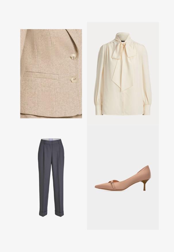 Beige Tweed-Blazer mit feinem Fischgrätmuster, zwei cremefarbenen Knöpfen und einer horizontalen Leistentasche vorne.; Cremefarbene Langarmbluse mit hohem Kragen und großer gebundener Schleife am Hals, mit gerafften Schultern und geknöpften Manschetten.; Dunkelgraue Tailor-Hosen mit geradem Bein, gefalteter Vorderseite und umgeschlagenen Säumen. Hergestellt aus glattem Stoff und mit einem klassischen Bund versehen.; Beiger spitzer Pumps mit niedrigem Stilettoabsatz und kleinem Riemendetail vor einfachem weißem Hintergrund.