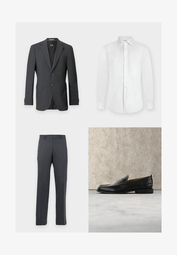 Blazer gris oscuro con dos botones, solapas en pico, bolsillos con solapa y forro interno con un patrón sutil. Etiqueta de la marca visible en el interior.; Camisa blanca de manga larga con botones, cuello puntiagudo y puños abotonados, mostrada extendida sobre un fondo gris claro.; Pantalones de vestir ajustados en gris oscuro para hombre, con trabillas y pliegues frontales, mostrados sobre un fondo blanco.; Mocasín de cuero negro para hombre con empeine grabado en relieve de cocodrilo y tacón bajo, mostrado de perfil sobre un fondo neutro.