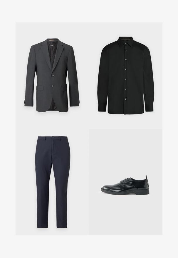 Mørkegrå blazer med to knapper, slagkraver, klaffelommer og indvendig foring med et subtilt mønster. Brandmærket er synligt indeni.; Sort skjorte med lange ærmer, knapper foran, spids krave og knapmanchetter, vist mod en ensformet lys baggrund.; Mørkeblå letvægtsbukser med slankt design, der har knaplukning, bæltestropper og en glat tekstur. Skræddersyet pasform.; Blank sort læder dresssko med lav hæl, snørelukning og rund tå, vist fra siden på ensfarvet lys baggrund.