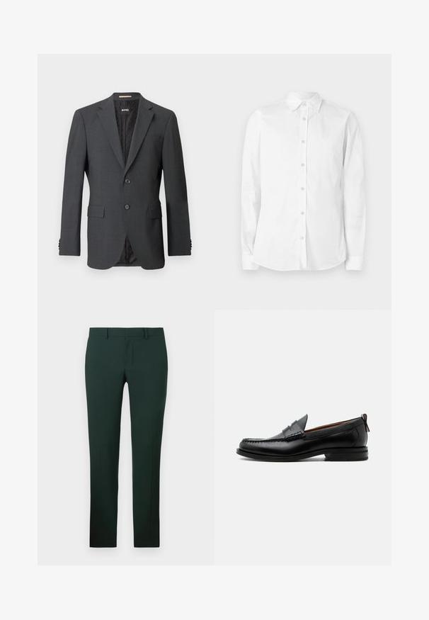 Donkergrijze blazer met twee knopen, notch rever, klepzakken en een interne voering met een subtiel patroon. Merkenlabel zichtbaar aan de binnenkant.; Witte blouse met lange mouwen en knopen, gemaakt van katoen. Heeft een puntige kraag en een klein geborduurd logo op de borst. Gladde textuur.; Donkergroene broek met een rechte pijpdesign, gemaakt van een gladde stof. Bevat een platte voorkant en een standaard tailleband met ceintuurlussen.; Zwarte leren herensloffen met moc toe stiksel, pennyriem, gestructureerde kraag en lage gestapelde hak op witte achtergrond.