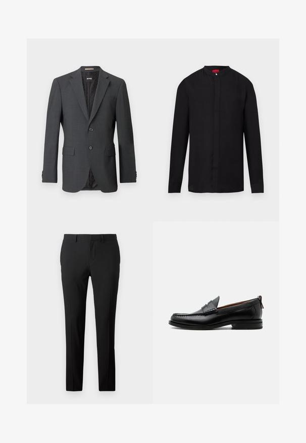 Donkergrijze blazer met twee knopen, notch rever, klepzakken en een interne voering met een subtiel patroon. Merkenlabel zichtbaar aan de binnenkant.; Zwart shirt met lange mouwen, mandarijnkraag en verborgen knoopsluiting, afgebeeld op een witte achtergrond.; Op maat gemaakte zwarte broek van een gladde stof. Heeft een recht model, voorplooien en riemlussen voor verstelbare maat.; Zwarte leren herensloffen met moc toe stiksel, pennyriem, gestructureerde kraag en lage gestapelde hak op witte achtergrond.