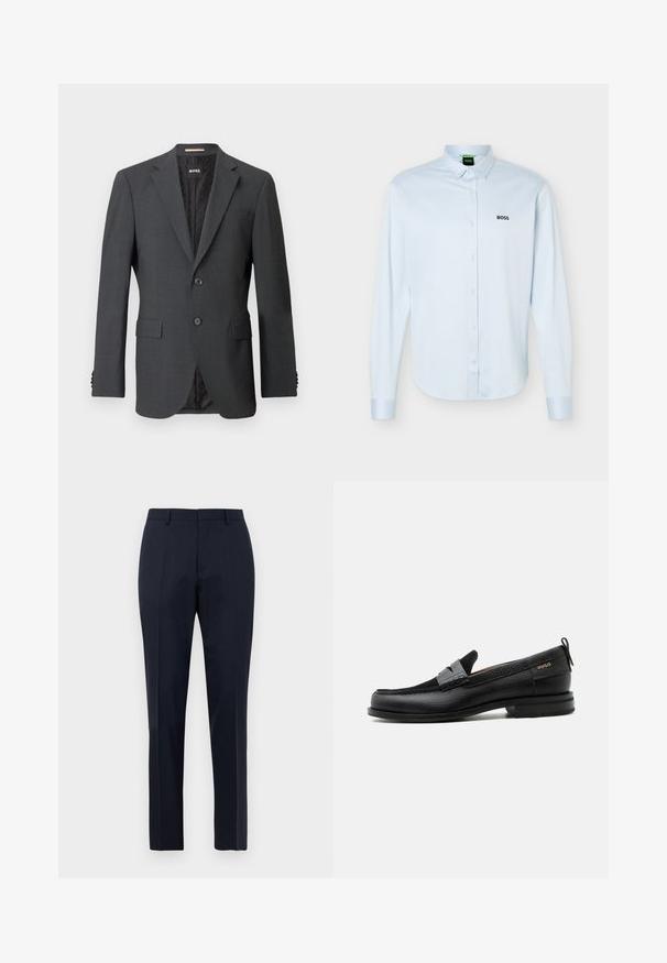 Blazer gris oscuro con dos botones, solapas en pico, bolsillos con solapa y forro interno con un patrón sutil. Etiqueta de la marca visible en el interior.; Camisa azul claro de manga larga con botones y cuello, logo negro "BOSS" en el lado izquierdo del pecho y puños con botones.; Pantalones de vestir para hombre en azul marino, ajustados, con un sutil patrón de cuadros, pasadores para cinturón y pliegue frontal, exhibidos de frente sobre fondo blanco.; Mocasín de cuero negro con detalle de tira gris, tacón bajo y suela texturizada, con la marca "HUGO" en oro en el lateral.