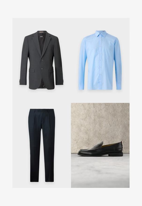 Blazer gris oscuro con dos botones, solapas en pico, bolsillos con solapa y forro interno con un patrón sutil. Etiqueta de la marca visible en el interior.; Camisa de manga larga de color azul claro hecha de algodón. Presenta un cuello clásico y un cierre delantero con botones. Textura suave con un ajuste entallado.; Pantalones negros a medida, confeccionados en una tela suave, con un diseño de corte ajustado, dos pliegues frontales y una cinturilla plana sin hardware visible.; Mocasín de cuero negro para hombre con empeine grabado en relieve de cocodrilo y tacón bajo, mostrado de perfil sobre un fondo neutro.