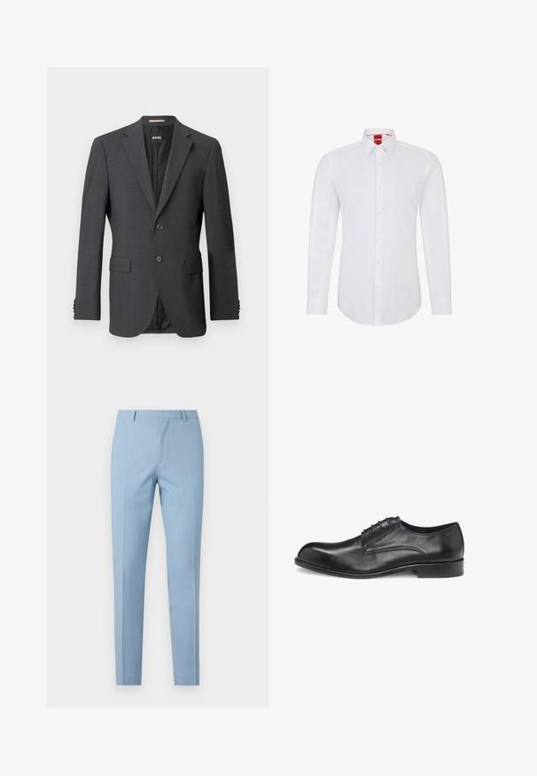 Blazer gris oscuro con dos botones, solapas en pico, bolsillos con solapa y forro interno con un patrón sutil. Etiqueta de la marca visible en el interior.; Camisa blanca de manga larga con cuello, que presenta un cierre frontal de botones y un tejido suave y liso. Sin patrones ni acentos visibles.; Pantalones azul claro a medida con un corte ajustado, textura suave, pliegue al frente, cintura ajustada y lazos para cinturón. Sin bolsillos visibles.; Zapato de vestir de cuero negro con cierre de cordones, acabado liso, punta redondeada, costuras mínimas y suela plana de goma. El lateral presenta el logo de la marca.