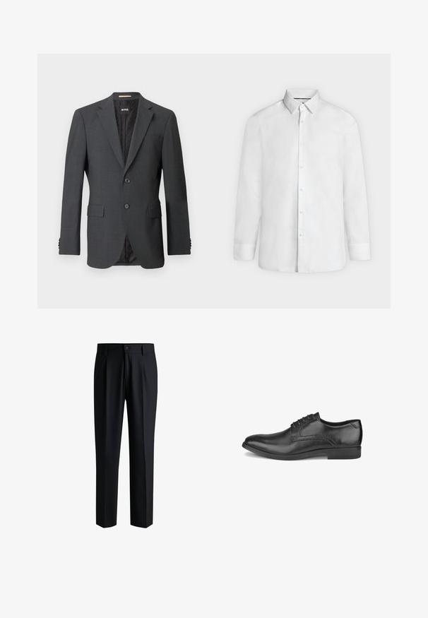 Blazer gris oscuro con dos botones, solapas en pico, bolsillos con solapa y forro interno con un patrón sutil. Etiqueta de la marca visible en el interior.; Camisa blanca de vestir de manga larga con cuello abierto y puños abotonados, mostrada de frente sobre un fondo liso gris claro.; Pantalones negros de tela suave, con un diseño de pierna recta, pliegues en la parte delantera y cierre de botón con trabillas para cinturón.; Zapato de vestir de hombre de cuero negro con cordones, tacón bajo y acabado pulido liso, mostrado desde el lado exterior.