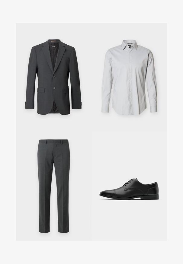 Blazer gris foncé avec deux boutons, revers crantés, poches à rabat et doublure intérieure avec un motif subtil. Étiquette de marque visible à l'intérieur.; Chemise habillée pour hommes à manches longues gris clair avec boutonnage sur le devant, col pointu et poignets à un bouton sur fond blanc uni.; Pantalons ajustés gris foncé en textile lisse. Présente des jambes droites, une taille plate et des passants de ceinture. Pas de motifs ou d'accents visibles.; Chaussure habillée en cuir noir avec un bout arrondi, texture lisse, six œillets et une semelle noire basse. Présente une couture discrète sur le bout.