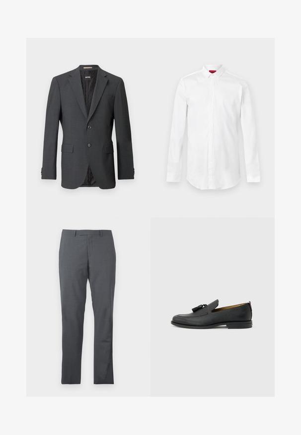Blazer gris oscuro con dos botones, solapas en pico, bolsillos con solapa y forro interno con un patrón sutil. Etiqueta de la marca visible en el interior.; Camisa blanca de manga larga con cuello puntiagudo y tapeta de botones oculta, mostrada sobre un fondo liso y claro.; Pantalones de vestir grises con una tela suave y texturizada. Diseño slim fit, con delantero liso y sin adornos ni bolsillos visibles.; Mocasín negro de cuero para hombre con borlas, punta redonda, tacón bajo y pestaña para tirar en la parte trasera, mostrado de perfil lateral sobre un fondo gris claro.