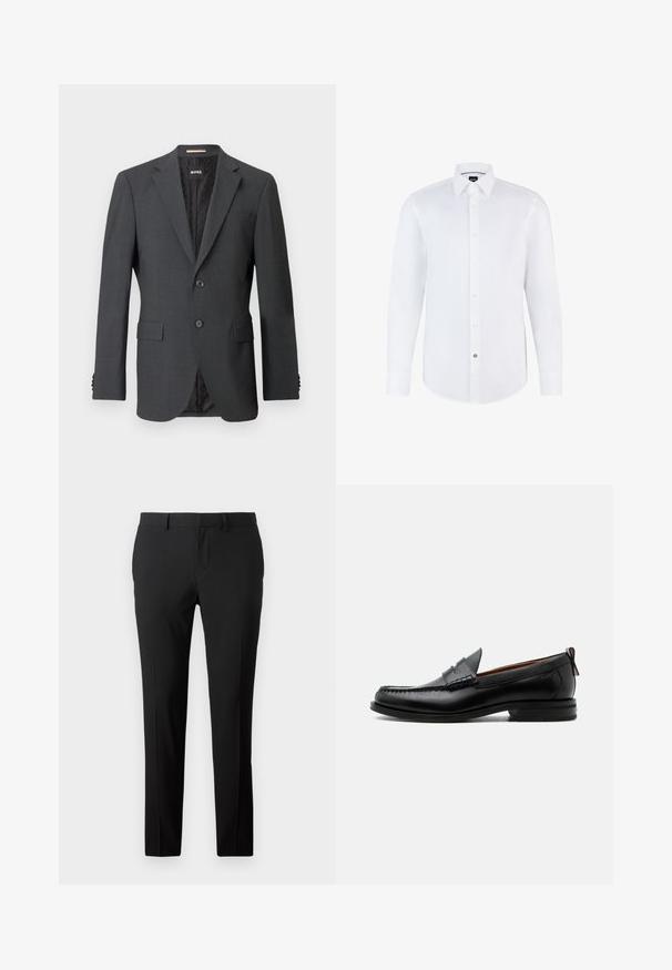 Blazer gris oscuro con dos botones, solapas en pico, bolsillos con solapa y forro interno con un patrón sutil. Etiqueta de la marca visible en el interior.; Camisa blanca de manga larga hecha de una tela suave, con cierre de botones en la parte delantera, cuello puntiagudo y dobladillo curvado. Acento notable de botón de marca.; Pantalones negros a medida en una tela suave. Presentan un diseño de pierna recta, pliegues frontales y trabillas para cinturón para un tamaño ajustable.; Mocasín de hombre de piel negra con costura moc toe, tira penny, cuello texturizado y tacón bajo apilado sobre fondo blanco.