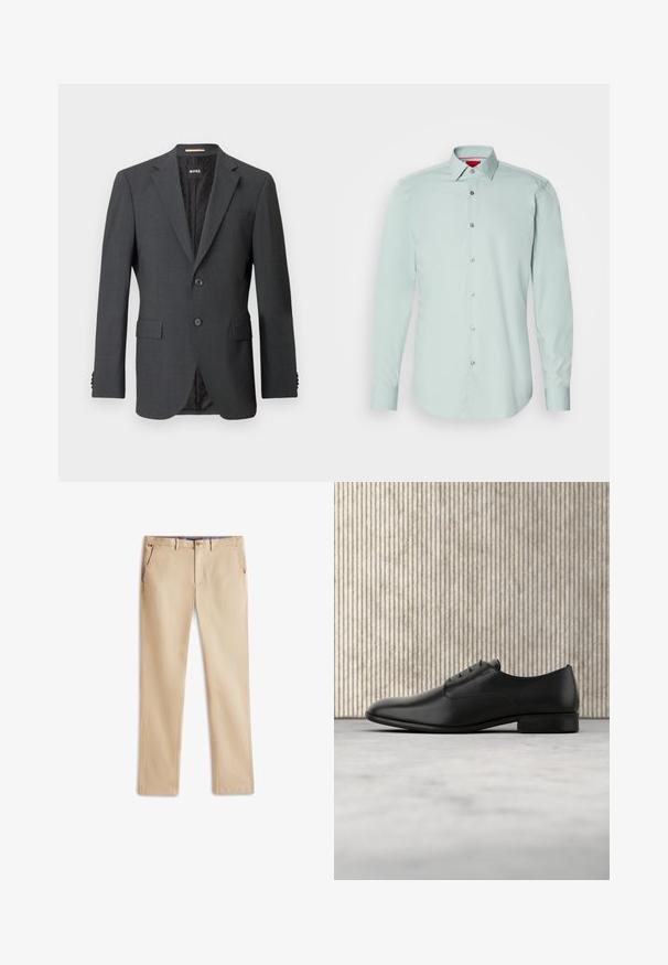 Dunkelgrauer Blazer mit zwei Knöpfen, Reverskragen, aufgesetzten Taschen und einem Innenfutter mit einem dezenten Muster. Markenlabel innen sichtbar.; Hellgrünes, langärmliges Hemd mit Knöpfen, glatter Textur, silbernen Knöpfen und einem strukturierten Kragen. Rote Innenseite am Kragen.; Beige Chinos aus Baumwolle, mit geradem Bein, zwei Vordertaschen und einem dezenten Logo-Detail am Bund.; Schwarze Leder-Halbschuh mit schlankem Design, runder Zehenform, fünf Ösen für die Schnürsenkel und einem kleinen, erhöhten Absatz. Dezentes, geprägtes Logodetail.
