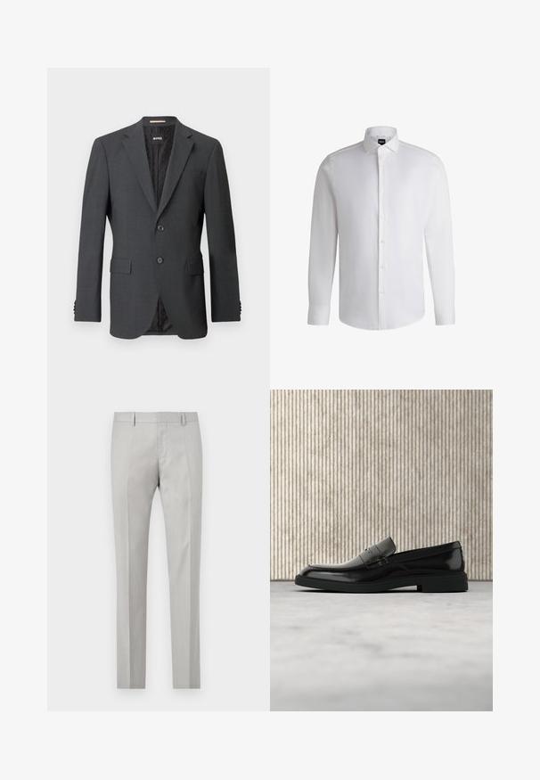Mørkegrå blazer med to knapper, slagkraver, klaffelommer og indvendig foring med et subtilt mønster. Brandmærket er synligt indeni.; Hvid langærmet skjorte lavet af glat bomuld, med klassisk krave, fuld knaplukning og knapmanchetter. Minimalistisk design.; Lys grå skræddersyede bukser med en glat tekstur, flad front og to sidelommer. Har lige ben og subtile plissé-detaljer.; Sort poleret læderloafer flydende over beige tæppe med orange gennemsigtigt møbel i baggrunden.