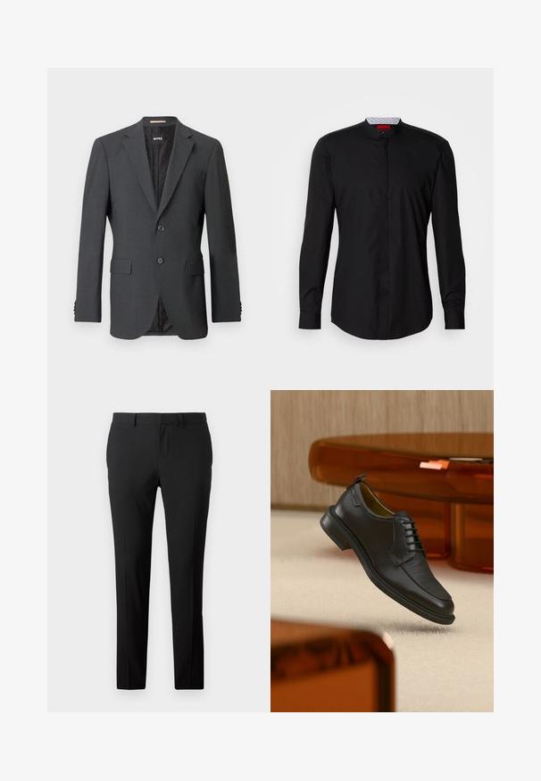 Blazer gris oscuro con dos botones, solapas en pico, bolsillos con solapa y forro interno con un patrón sutil. Etiqueta de la marca visible en el interior.; Camisa negra de manga larga con cuello mandarín, confeccionada en una tela suave, con cierre de botones en la parte delantera y detalles de diseño sutiles.; Pantalones negros a medida en una tela suave. Presentan un diseño de pierna recta, pliegues frontales y trabillas para cinturón para un tamaño ajustable.; Zapato de vestir negro de piel con cordones y parte delantera texturizada, flotando sobre una alfombra beige en una habitación moderna con muebles de tono ámbar.