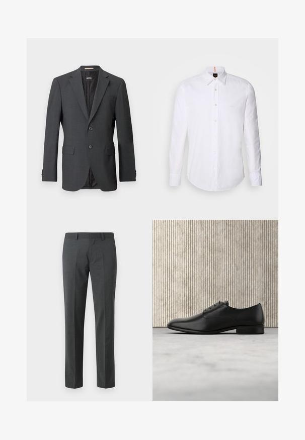 Dunkelgrauer Blazer mit zwei Knöpfen, Reverskragen, aufgesetzten Taschen und einem Innenfutter mit einem dezenten Muster. Markenlabel innen sichtbar.; Weiße langärmlige Button-Down-Hemd aus Baumwolle, mit klassischem Kragen, subtiler Logo-Detailierung auf der Brust und weißen Knöpfen.; Dunkelgraue Anzughose aus einem glatten Stoff. Sie hat gerade Beine, eine flache Vorderseite und Gürtelschlaufen. Keine sichtbaren Muster oder Akzente.; Schwarze Leder-Halbschuh mit schlankem Design, runder Zehenform, fünf Ösen für die Schnürsenkel und einem kleinen, erhöhten Absatz. Dezentes, geprägtes Logodetail.