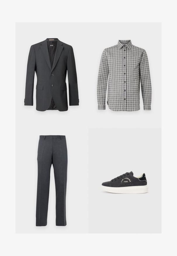 Blazer gris oscuro con dos botones, solapas en pico, bolsillos con solapa y forro interno con un patrón sutil. Etiqueta de la marca visible en el interior.; Camisa de hombre de manga larga en gris con un patrón de cuadros, con cuello abotonado y botones negros, hecha de una tela suave.; Pantalones de vestir ajustados en gris oscuro para hombre, con trabillas y pliegues frontales, mostrados sobre un fondo blanco.; Zapatillas de ante gris oscuro con suelas de goma blanca, que presentan costuras decorativas y un logo en el lateral. Detalles lisos en negro en el talón.