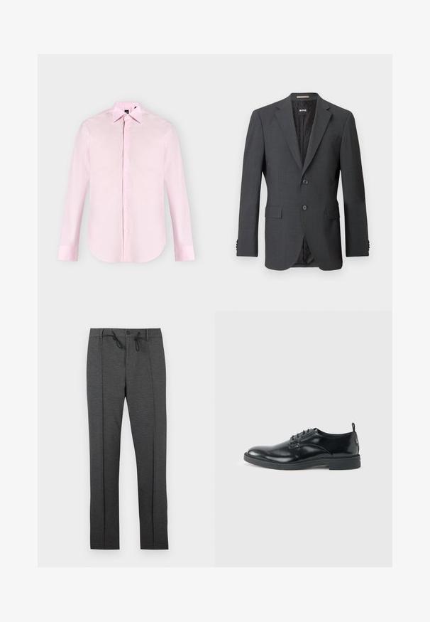 Blazer gris foncé avec deux boutons, revers crantés, poches à rabat et doublure intérieure avec un motif subtil. Étiquette de marque visible à l'intérieur.; Chemise rose clair à manches longues avec boutons sur le devant, col pointu, poignets boutonnés et texture de tissu lisse, présentée sur un fond uni.; Pantalon gris foncé à jambes droites avec plis à l'avant, fermeture par bouton, et cordons de serrage noirs à la taille sur fond blanc.; Chaussure habillée en cuir noir brillant avec un petit talon, fermeture à lacets et bout rond, vue de côté sur un fond uni et clair.