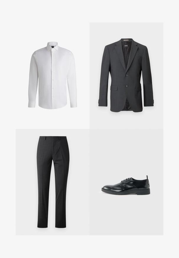 Dunkelgrauer Blazer mit zwei Knöpfen, Reverskragen, aufgesetzten Taschen und einem Innenfutter mit einem dezenten Muster. Markenlabel innen sichtbar.; Weißes Langarmhemd aus glattem Baumwollstoff, mit klassischem Kragen, durchgehender Knopfleiste und geknöpften Manschetten. Minimalistisches Design.; Maßgeschneiderte dunkelgraue Hose mit glatter Textur, schlankem Schnitt, flachem Frontdesign und normalem Bund. Verfügt über gepresste Falten und keine sichtbaren Muster.; Glänzender schwarzer Lederschuh mit niedrigem Absatz, Schnürverschluss und runder Kappe, seitlich auf hellem, schlichten Hintergrund gezeigt.