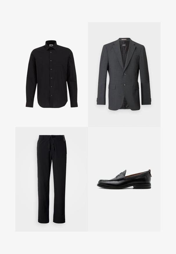 Mørkegrå blazer med to knapper, slagkraver, klaffelommer og indvendig foring med et subtilt mønster. Brandmærket er synligt indeni.; Sort langærmet skjorte med knapper lavet af vævet stof, med klassisk krave, lige kant og sorte knapper langs forsiden.; Sorte, letvægtsbukser med lige ben. Har elastiksnøre i taljen og en glat tekstur. Velegnede til afslappet brug.; Sort læder herre loafer med moc-tå syning, penny strop, struktureret krave og lav stablet hæl på hvid baggrund.