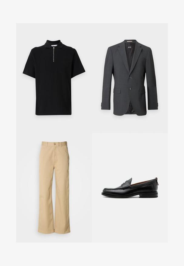 Blazer gris foncé avec deux boutons, revers crantés, poches à rabat et doublure intérieure avec un motif subtil. Étiquette de marque visible à l'intérieur.; Polo noir à manches courtes en tissu doux, avec un col zippé et un design épuré et minimaliste sans motifs supplémentaires.; Pantalon large beige en mélange coton. Fermeture par bouton et passants de ceinture. Texture lisse, avec des détails de couture minimaux.; Mocassin homme en cuir noir avec couture moc toe, bride penny, col texturé et petit talon empilé sur fond blanc.