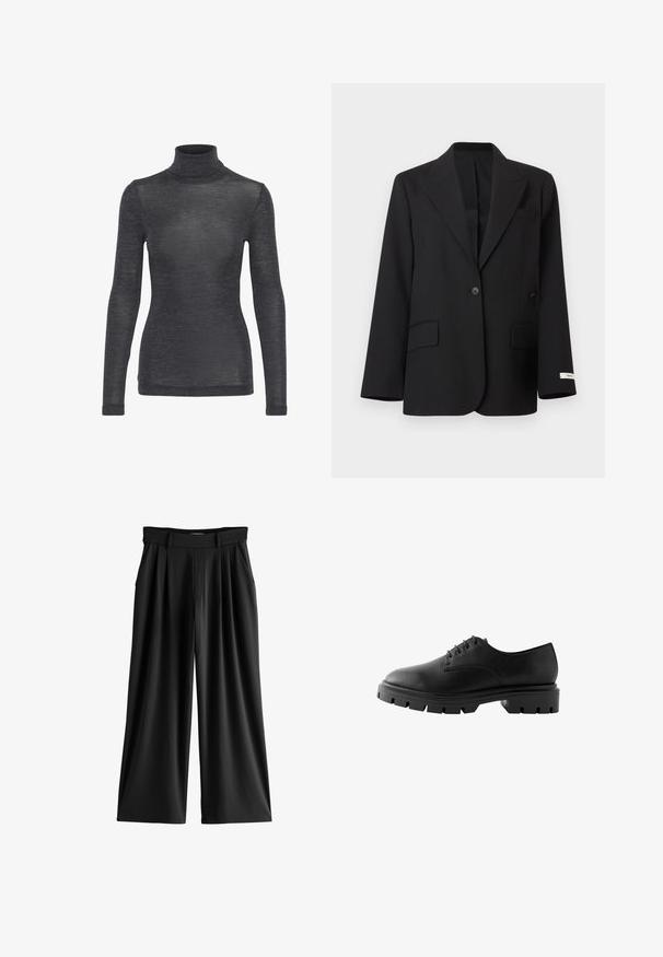 Sort blazer med enkelt knaplukning, hakkede revers, to forflaplommer, en brystlomme med åbning og en lille hvid label på venstre ærme manchet.; Langærmet turtleneck top i mørkegrå, med en glat tekstur og en subtil glans samt en tætsiddende silhuet.; Sorte bukser med brede ben, læg, sidelommer og linning med bæltestropper.; Sorte lædersko med rund tå, seks snørrehuller, flade snørebånd og en kraftig gummisål med dybe mønstre.