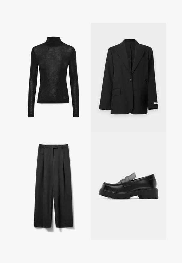 Blazer noir à un bouton avec revers crantés, deux poches à rabat à l'avant, une poche poitrine passepoilée, et une petite étiquette blanche sur le revers de la manche gauche.; Pull à col roulé noir en tissu léger et semi-transparent. Manches longues, coupe ajustée, avec un petit logo en accent au bas.; Pantalon noir ample en tissu à texture lisse, avec des plis, une poche latérale et une taille avec passants pour ceinture.; Mocassins en cuir noir avec une semelle épaisse et texturée, dotés d'une sangle sur le vamp et d'une finition lisse et polie.