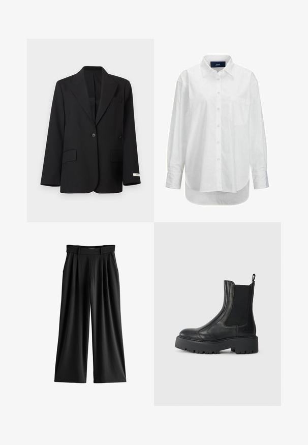 Schwarzer Ein-Knopf-Blazer mit Reverskragen, zwei vorderen Pattentaschen, einer Brustleistentasche und einem kleinen weißen Etikett am linken Ärmelbündchen.; Weißes Langarmhemd aus glattem Baumwollstoff mit Button-Down-Kragen, Brusttasche und abgerundetem Saum. Verfügt über eine Schulterpasse für zusätzliche Struktur.; Schwarze weite Hose mit Bügelfalten, Seitentaschen und einem Bund mit Gürtelschlaufen.; Schwarze Lederknöchelstiefel mit elastischen seitlichen Einsätzen, einer abgerundeten Spitze und einer grob strukturierten Gummisohle. Mit einem Ziehschlaufen an der Rückseite.