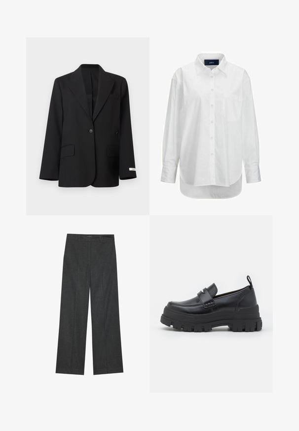 Blazer noir à un bouton avec revers crantés, deux poches à rabat à l'avant, une poche poitrine passepoilée, et une petite étiquette blanche sur le revers de la manche gauche.; Chemise blanche à manches longues en coton doux avec un col boutonné, une poche à l'avant et un ourlet arrondi. Présente un empiècement au dos pour plus de structure.; Pantalons larges gris foncé en tissu texturé, avec une taille plate, des passants de ceinture et une finition soignée à l'ourlet.; Mocassin en cuir noir avec semelle épaisse rainurée, couture moc toe, détail de sangle sur le dessus et languette au talon, présenté de profil.
