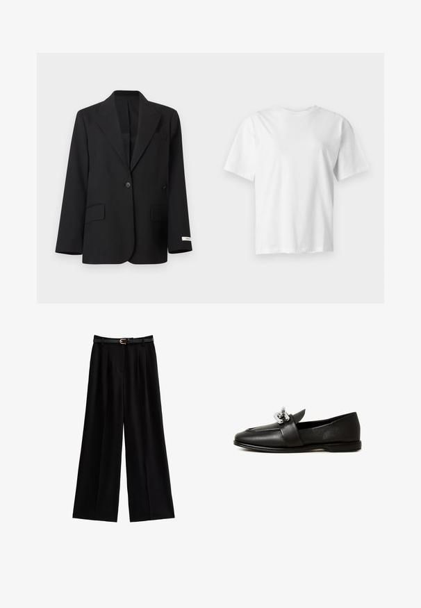 Zwarte blazer met een enkele knoop, klepzakken aan de voorkant, een borstzak met bies en een klein wit label op de linkermouwmanchet.; Effen wit T-shirt met korte mouwen en ronde hals, plat weergegeven op een lichtgrijze achtergrond.; Wijde zwarte broeken van zacht materiaal, met scherpe plooien en een gestructureerde zwarte riem met een gouden gespaccent.; Zwarte leren loafers met een slank ontwerp, voorzien van een zilveren hardware accent op de neus en een gestructureerde afwerking. Entree met een ronde teen en een laag profiel.