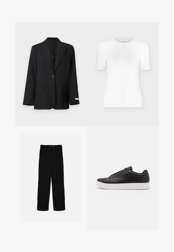 Blazer negro de un solo botón con solapas con muesca, dos bolsillos frontales con solapa, un bolsillo de ojal en el pecho y una pequeña etiqueta blanca en el puño de la manga izquierda.; Camiseta blanca de manga corta con cuello redondo, ajuste slim y textura de tejido acanalado, mostrada sobre un fondo liso gris claro.; Pantalones negros de corte recto con trabillas, cremallera frontal y bolsillos laterales, colocados planos sobre un fondo claro.; Zapatillas de cuero negro con un acabado suave, que presentan un diseño de bajo perfil y una gruesa suela de goma blanca. Detalles de costura sutil en el lateral.