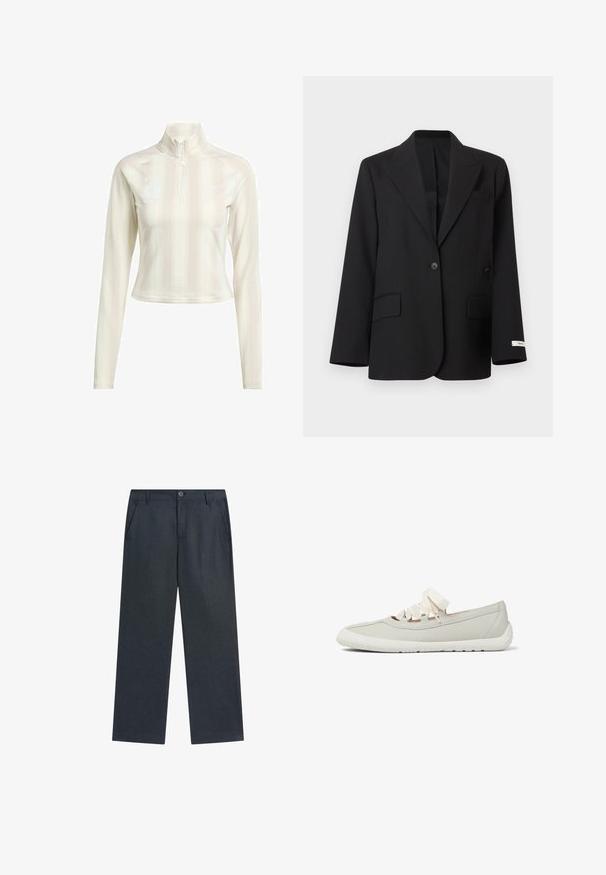 Sort blazer med enkelt knaplukning, hakkede revers, to forflaplommer, en brystlomme med åbning og en lille hvid label på venstre ærme manchet.; Hvid langærmet zip-up top med høj krave, der har subtile lodrette striber og logoaccenter på brystet og ærmet. Blødt stof.; Mørkegrå bukser med lige ben, lukning med knap og lynlås foran, bæltestropper og sidelommer.; Lysegrå balletsko med hvid gummisål og bindebåndsdetalje på toppen, vist i sideprofil mod hvid baggrund.