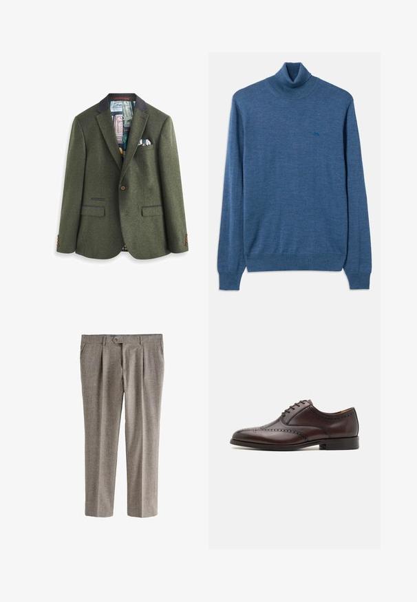 Grøn uldblazer med spidse klapper, brun knaplukning og to forlommer. Indvendigt har den et mønstret foer og en lommetørklæde.; Blå turtleneck sweater lavet af blødt materiale. Har ribbede manchetter og kant, samt et lille logo i en mørkere blå nuance på brystet.; Grå ternede bukser med lige ben, der har frontfolder, en enkelt knaplukning og lommer. Struktureret stof.; ALDO DONALD - Business sko - dark brown