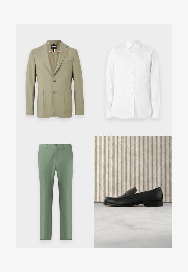 Blazer de hombre en verde oliva claro con solapas con muesca, dos botones delanteros, bolsillos parche, bolsillo en el pecho y detalle de rayas en el interior del cuello.; Camisa blanca de manga larga con botones, hecha de algodón. Presenta un cuello puntiagudo y un pequeño logo bordado en el pecho. Textura suave.; Pantalones ajustados en suave tejido texturizado de color verde claro. Cuentan con un cierre de botón único y bolsillos laterales inclinados. Acabado liso en toda su superficie.; Zapato mocasín de cuero negro flotando sobre una alfombra beige con una mesa redonda marrón brillante al fondo.